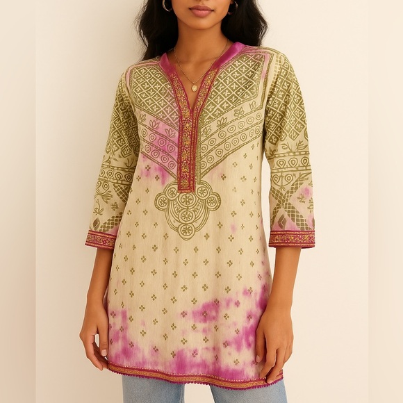 KHAADI Boho Embroidered Tunic Top Size 10 Pink Tie Dye Kurta Blouse - Picture 1 of 11